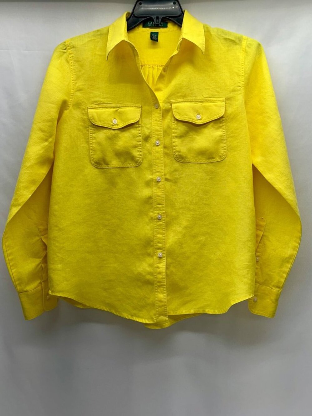 Lauren Ralph Lauren Women's Linen Button Up Top M Yellow Roll Tab Sleeve